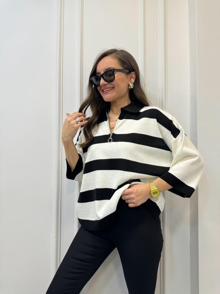 Ekru Fermuarlı Çizgili Kol Detaylı Triko Bluz 3944