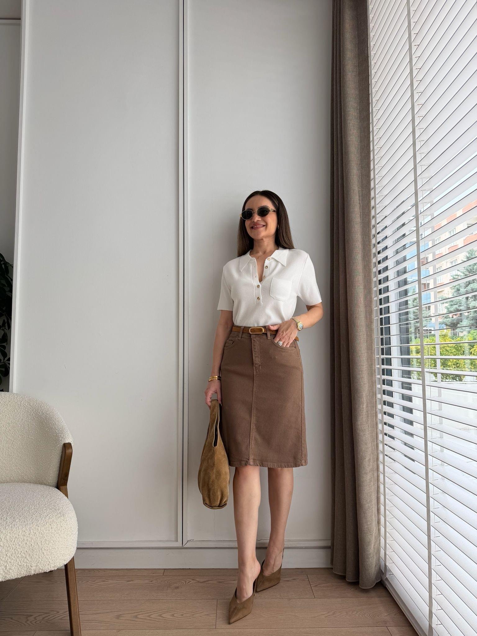 Ekru Gold Düğmeli Polo Yaka Triko Bluz 140616