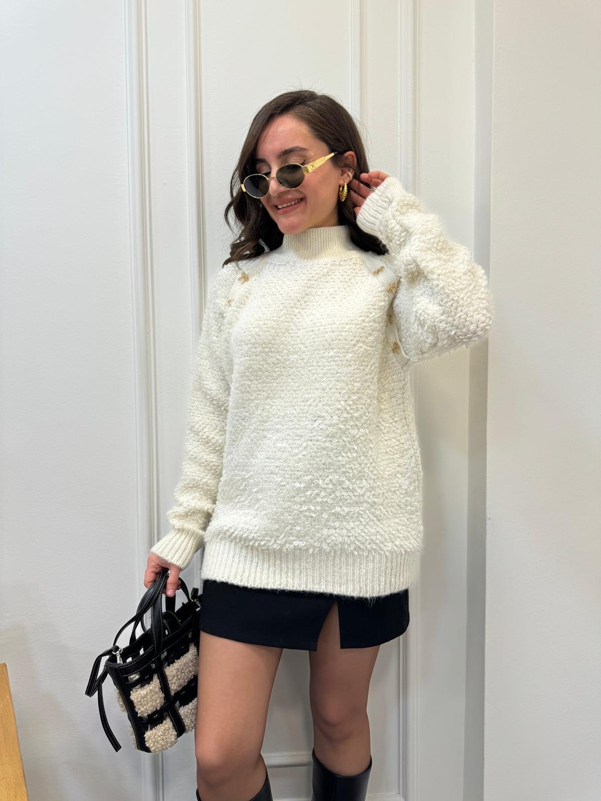 Ekru Gold Kurdele Detaylı Balıkçı Yaka Teddy Kazak 3177