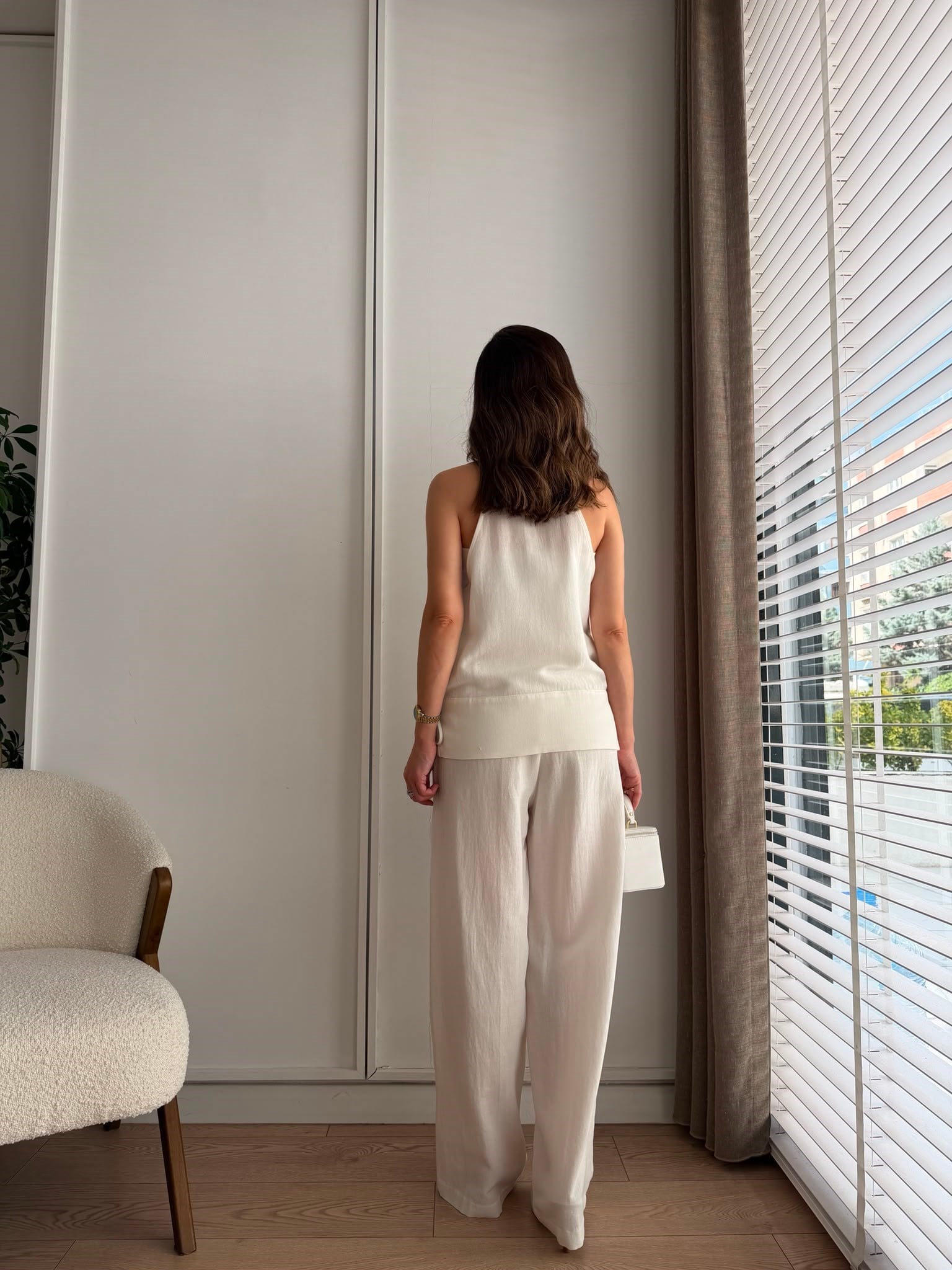 Ekru Halter Yaka Yandan Bağlamalı Kimono Takım 6027