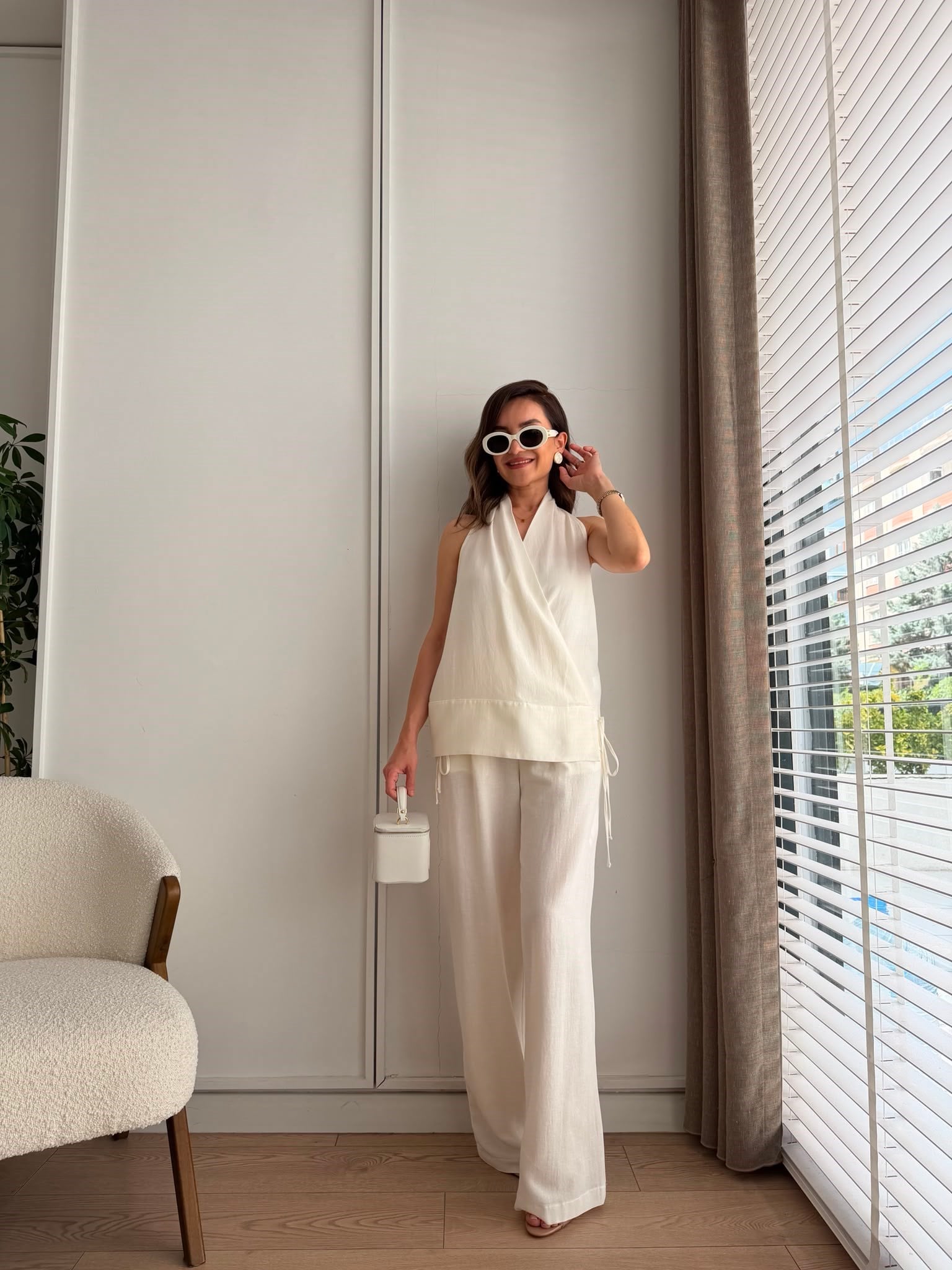 Ekru Halter Yaka Yandan Bağlamalı Kimono Takım 6027