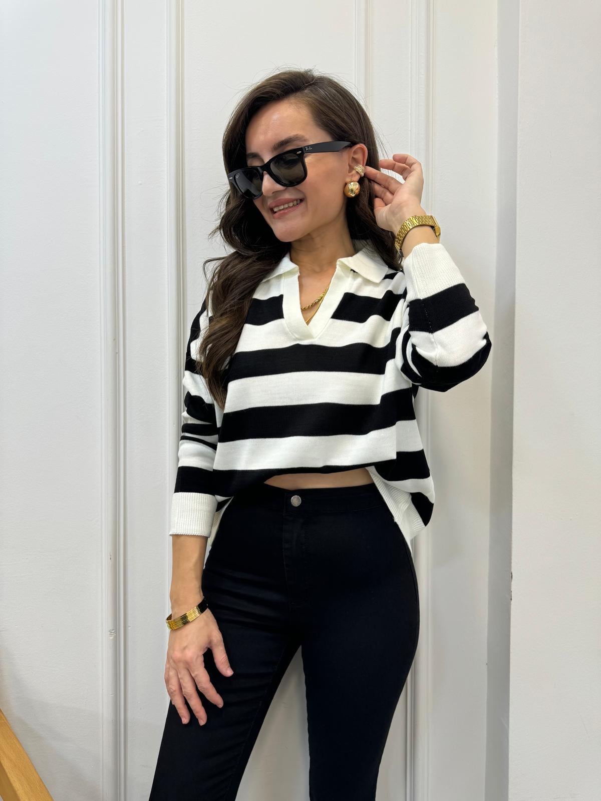Ekru İri Çizgili Polo Yaka Triko 3309