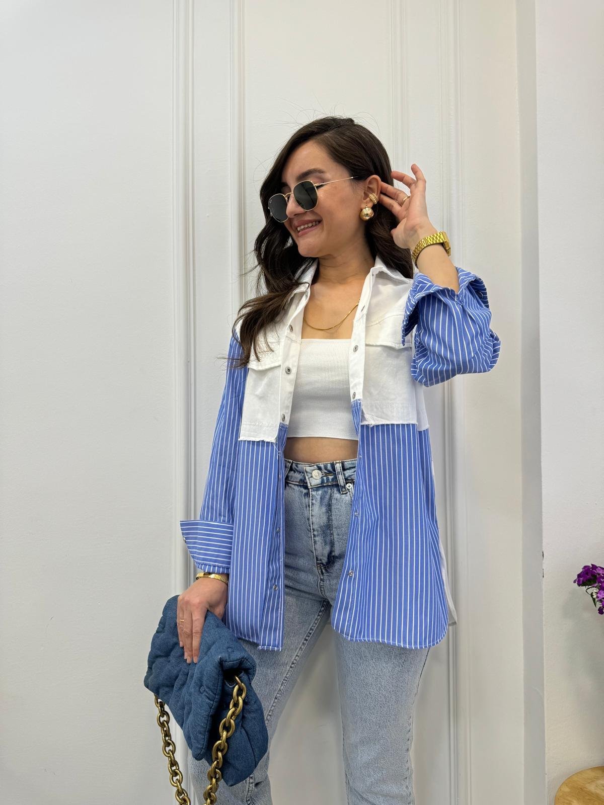 Ekru Jean Detaylı Mavi Çizgili Gömlek 21538