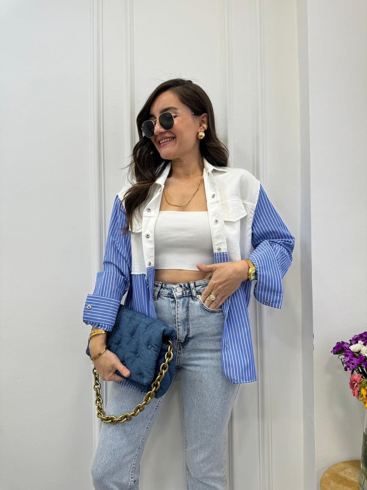 Ekru Jean Detaylı Mavi Çizgili Gömlek 21538