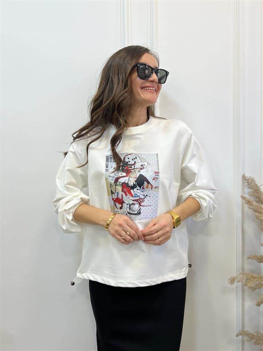Ekru Kadın Baskılı Sweatshirt 28151