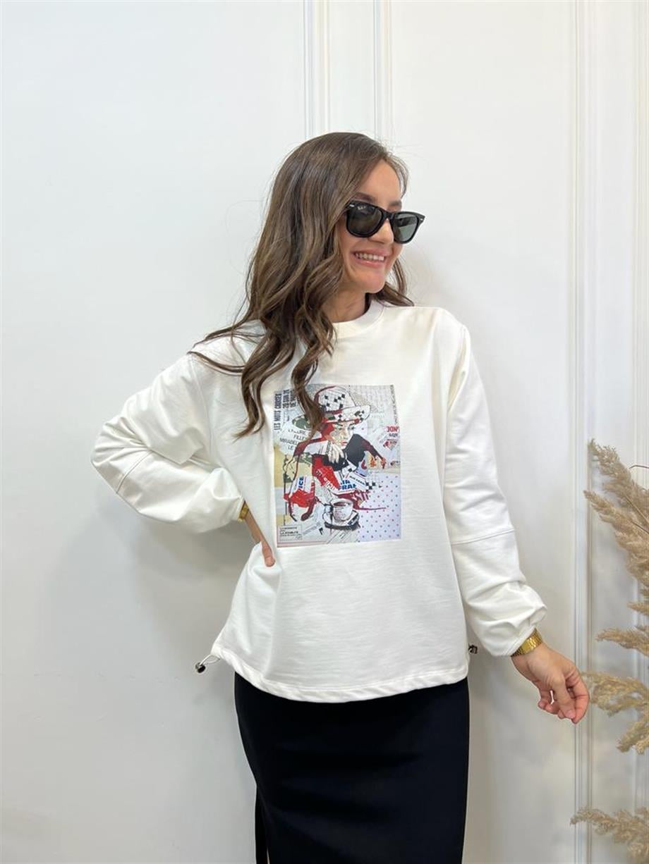 Ekru Kadın Baskılı Sweatshirt 28151
