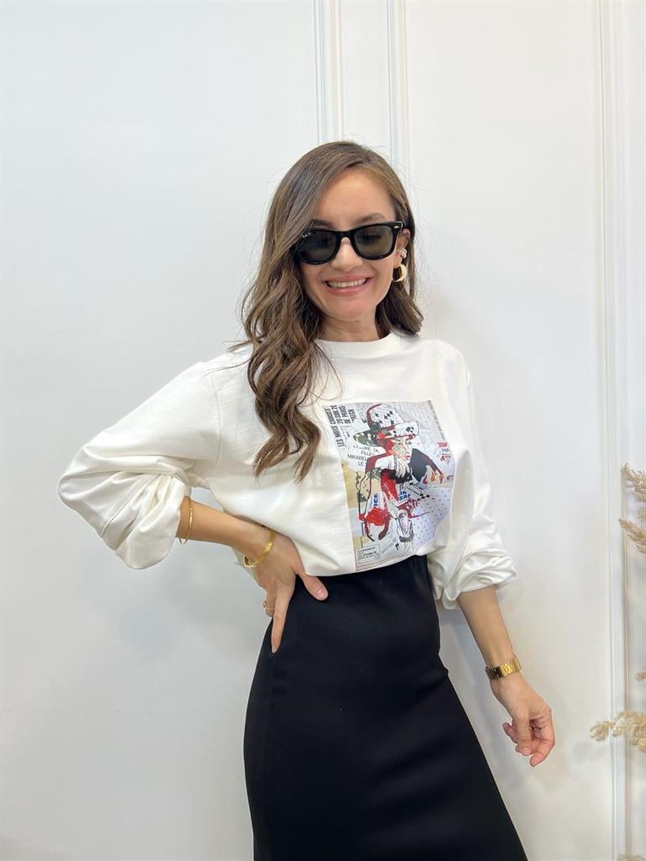 Ekru Kadın Baskılı Sweatshirt 28151