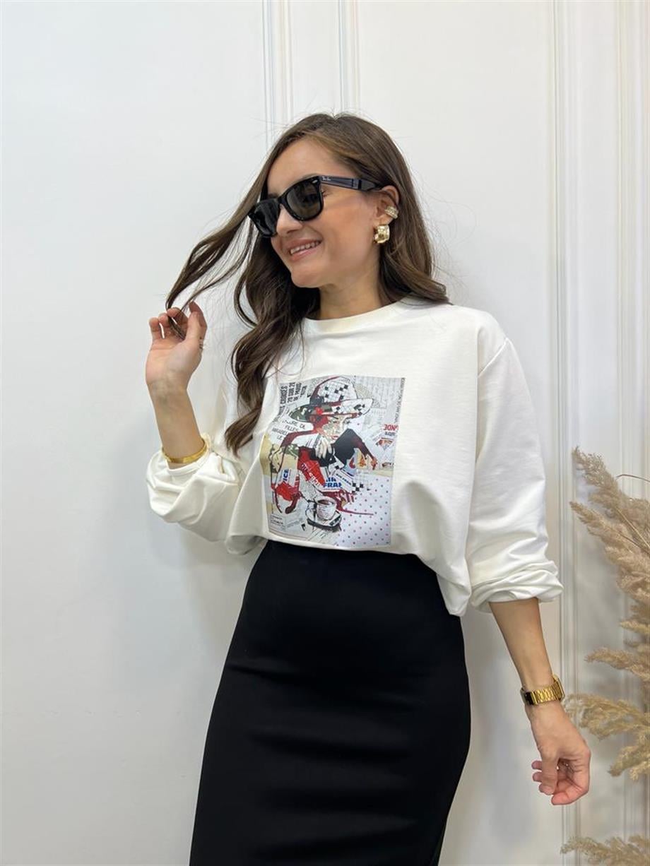 Ekru Kadın Baskılı Sweatshirt 28151