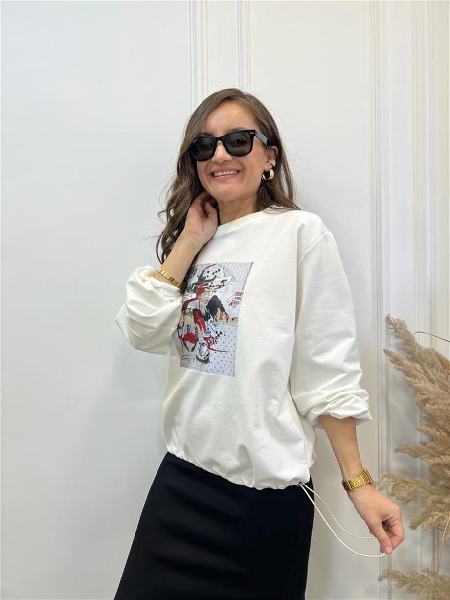 Ekru Kadın Baskılı Sweatshirt 28151