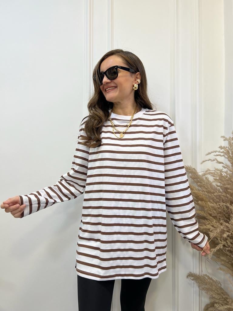 Ekru Kahve Çizgili Bisiklet Yaka Sweatshirt 0637