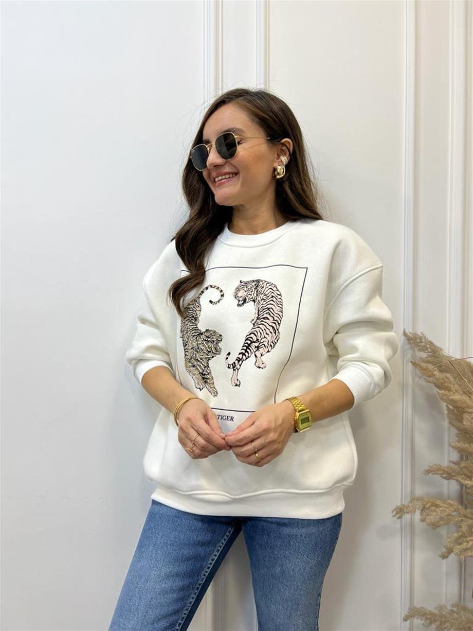 Ekru Kaplan Baskılı Bisiklet Yaka Sweatshirt 5110