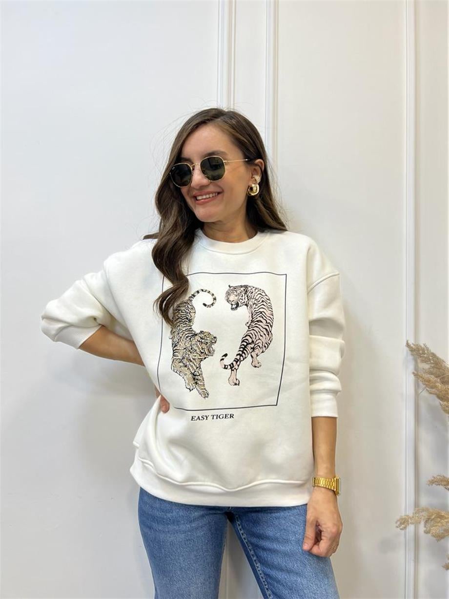 Ekru Kaplan Baskılı Bisiklet Yaka Sweatshirt 5110