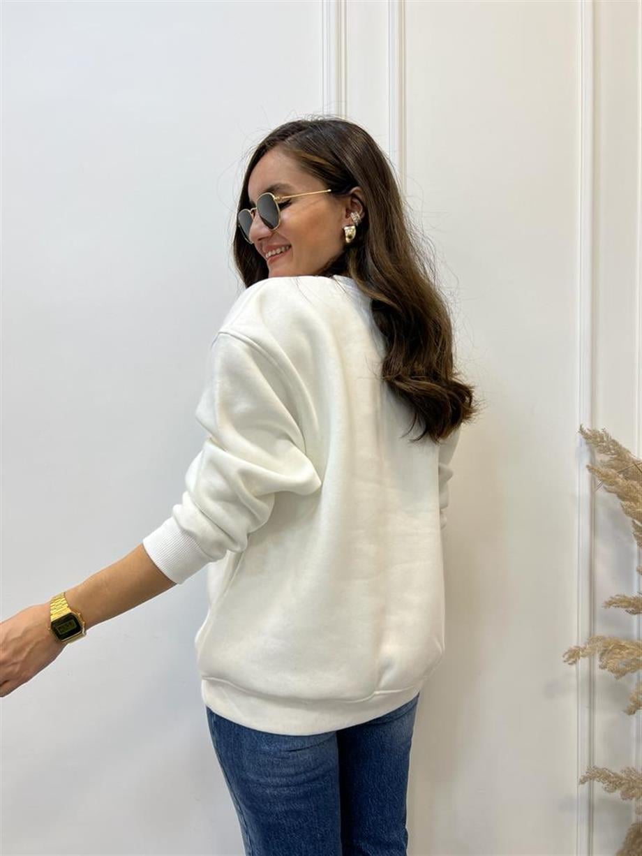 Ekru Kaplan Baskılı Bisiklet Yaka Sweatshirt 5110