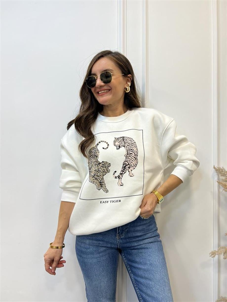 Ekru Kaplan Baskılı Bisiklet Yaka Sweatshirt 5110