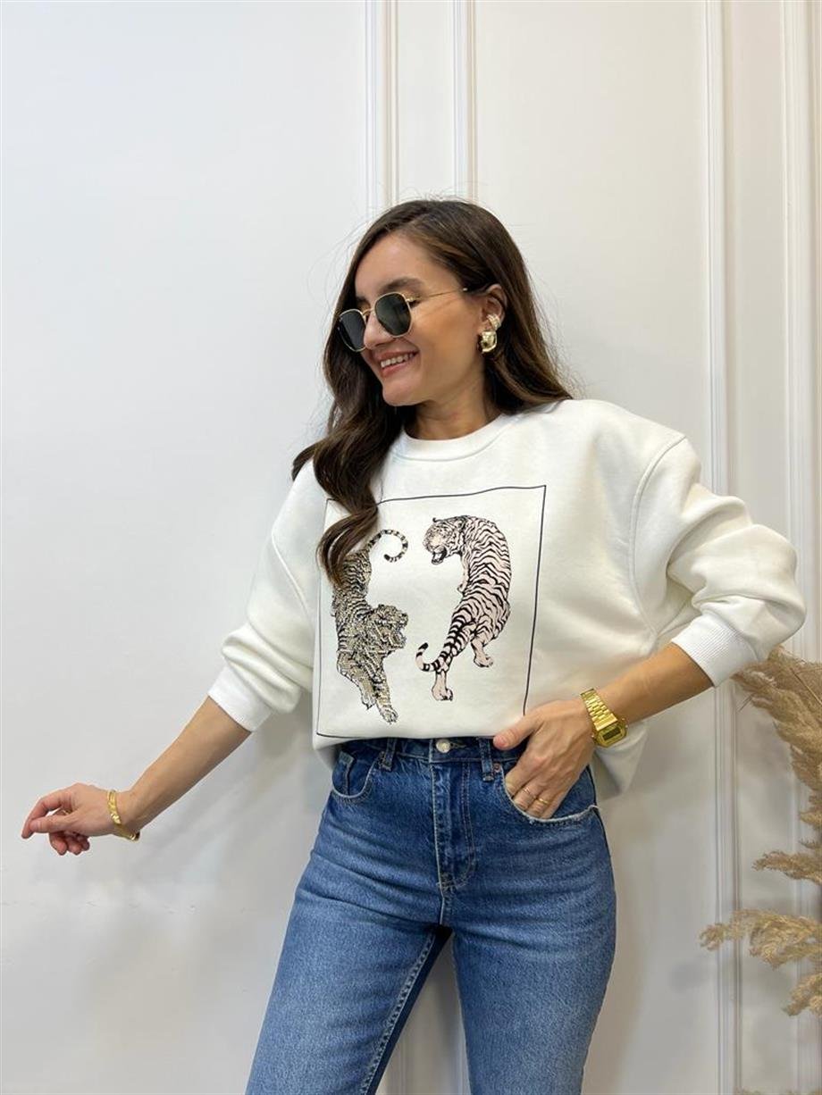 Ekru Kaplan Baskılı Bisiklet Yaka Sweatshirt 5110