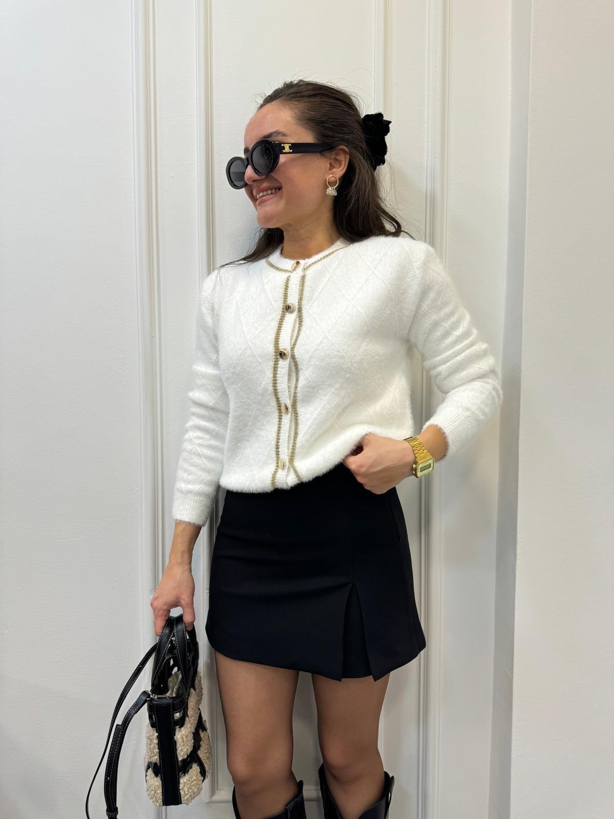 Ekru Kendinden Desenli Angora Hırka 35494