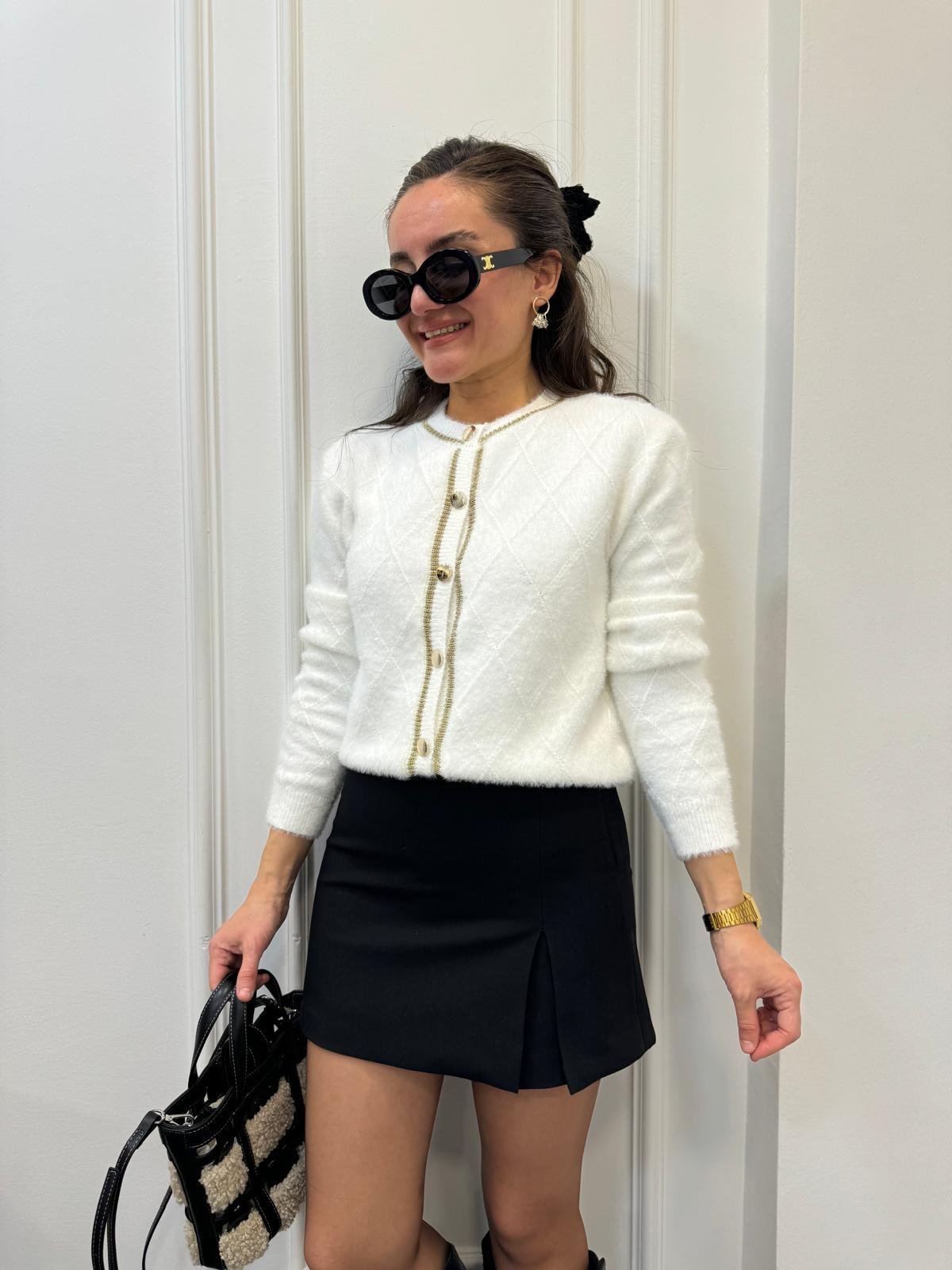 Ekru Kendinden Desenli Angora Hırka 35494