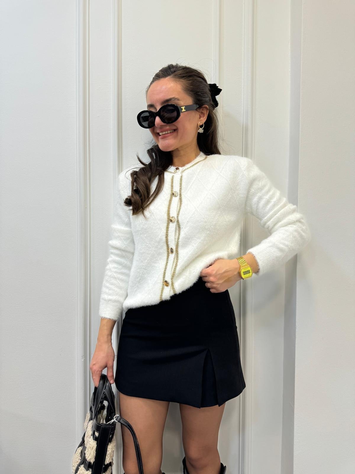 Ekru Kendinden Desenli Angora Hırka 35494