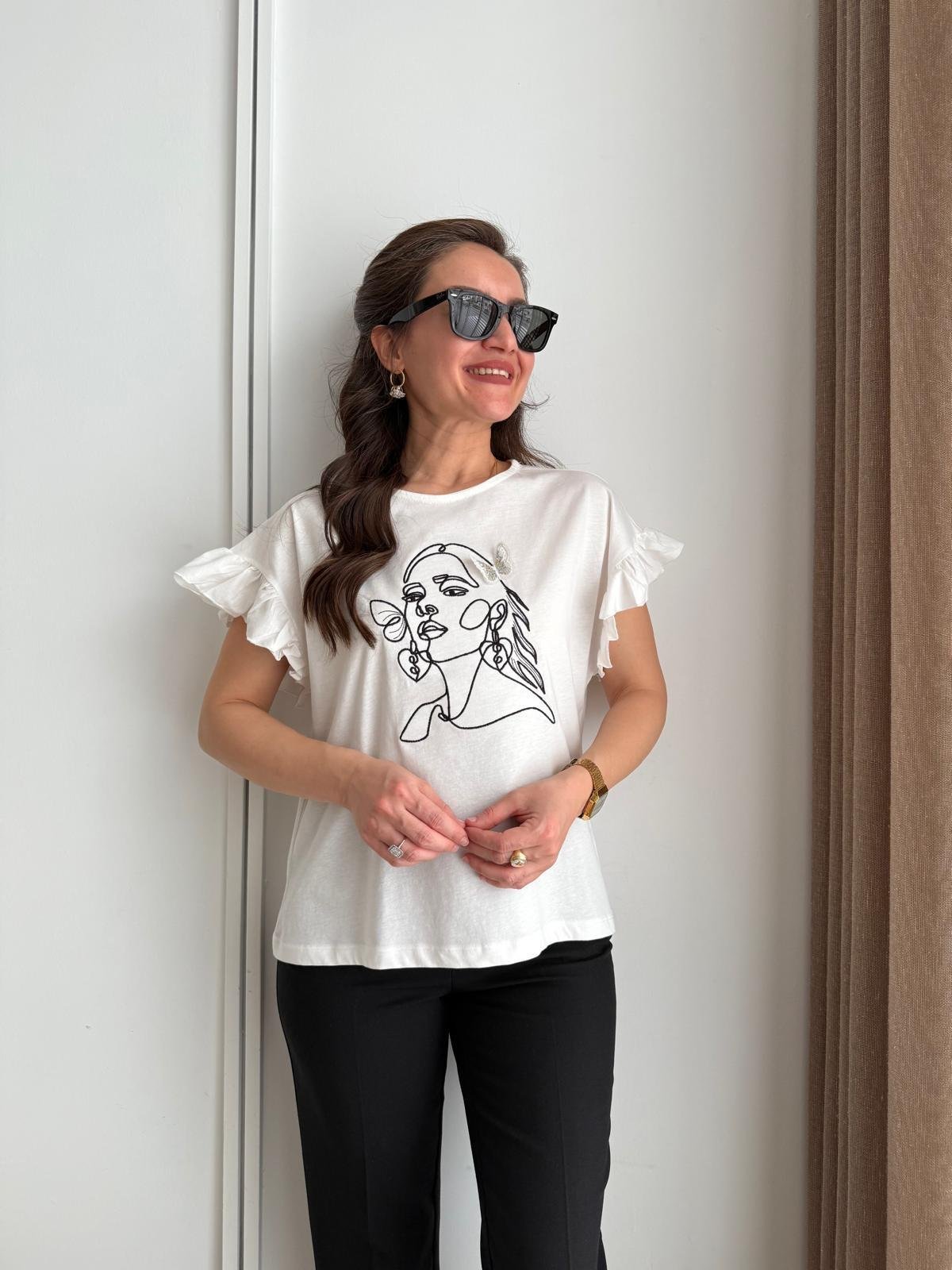 Ekru Kol Detaylı Baskılı Tshirt 29601