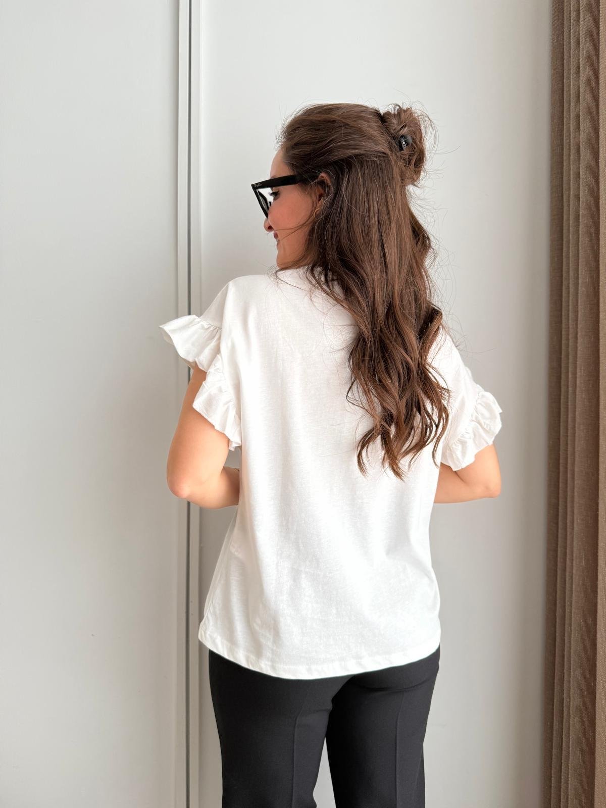 Ekru Kol Detaylı Baskılı Tshirt 29601