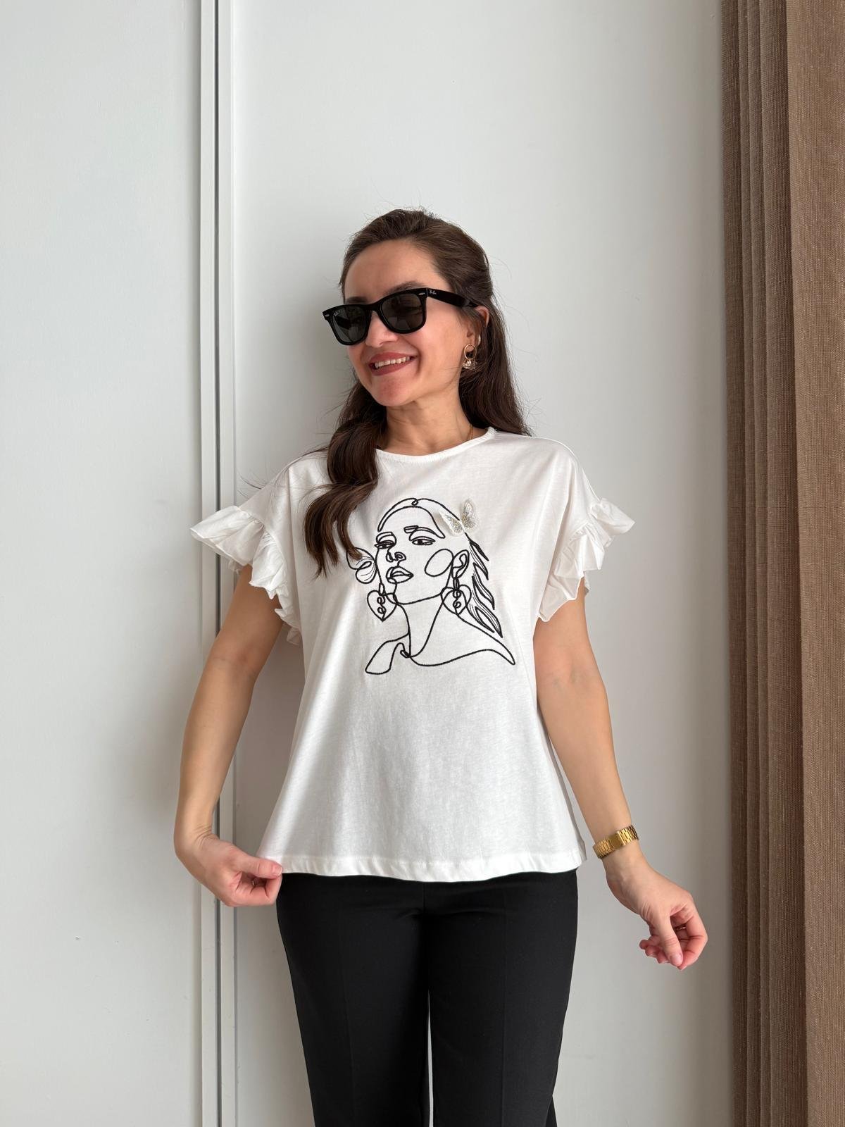Ekru Kol Detaylı Baskılı Tshirt 29601