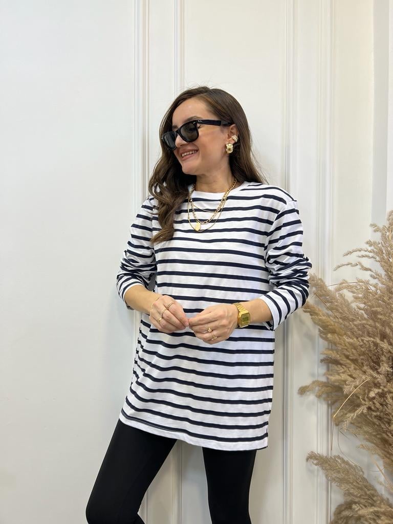 Ekru Lacivert Çizgili Bisiklet Yaka Sweatshirt 0637