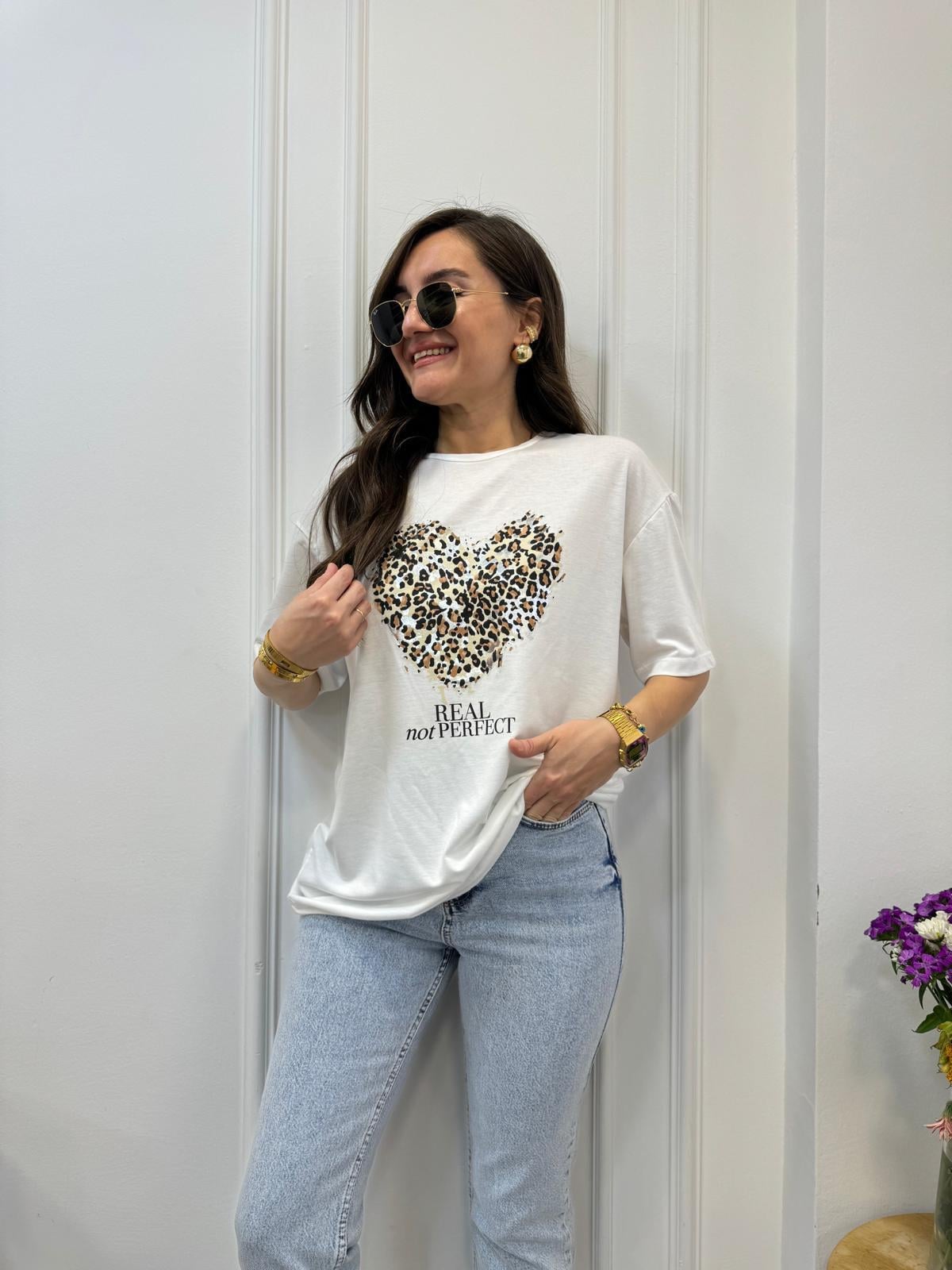 Ekru Leopar Baskılı Tişört 22065