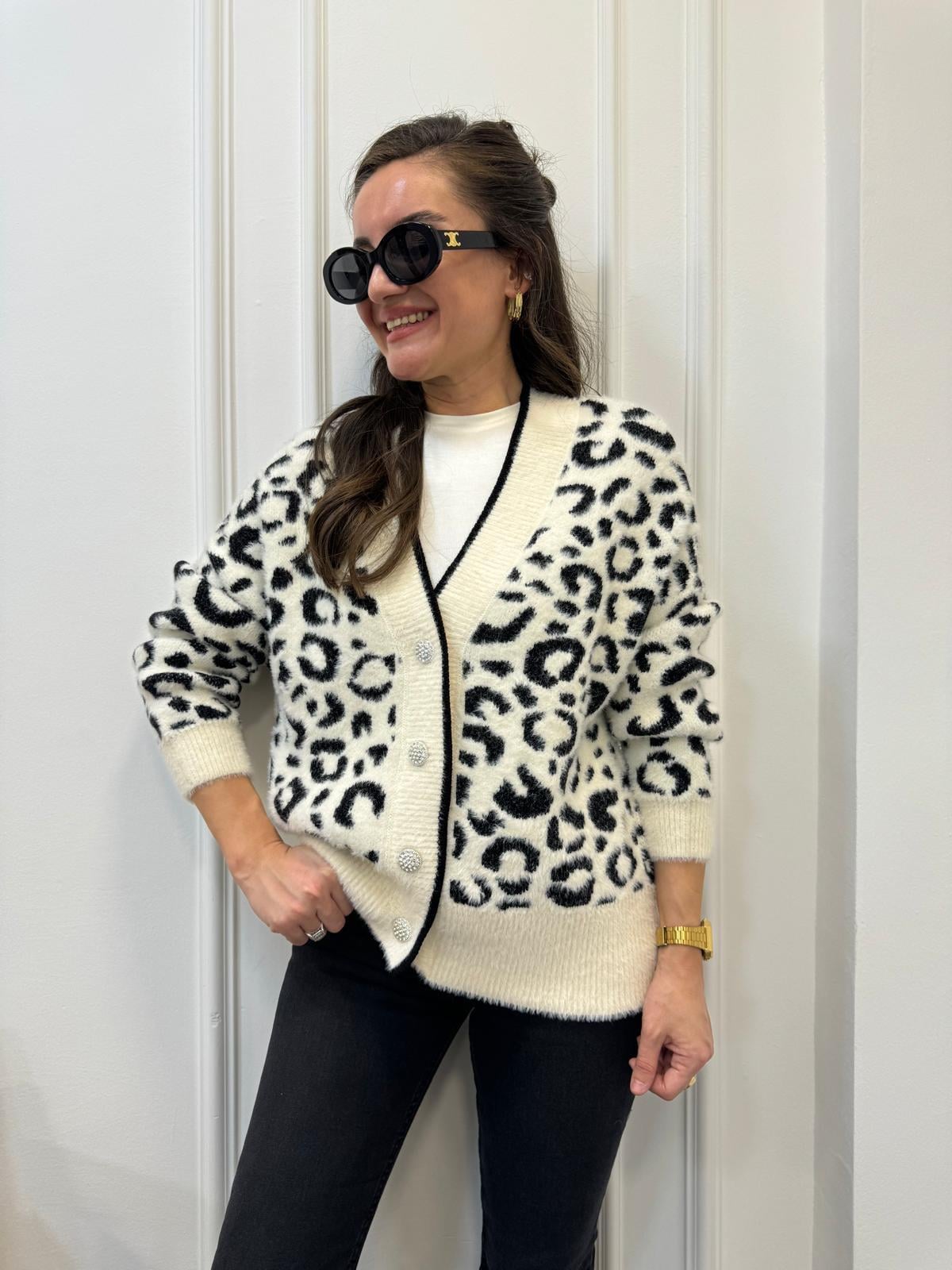 Ekru Leopar Desenli Angora Triko Hırka 7588