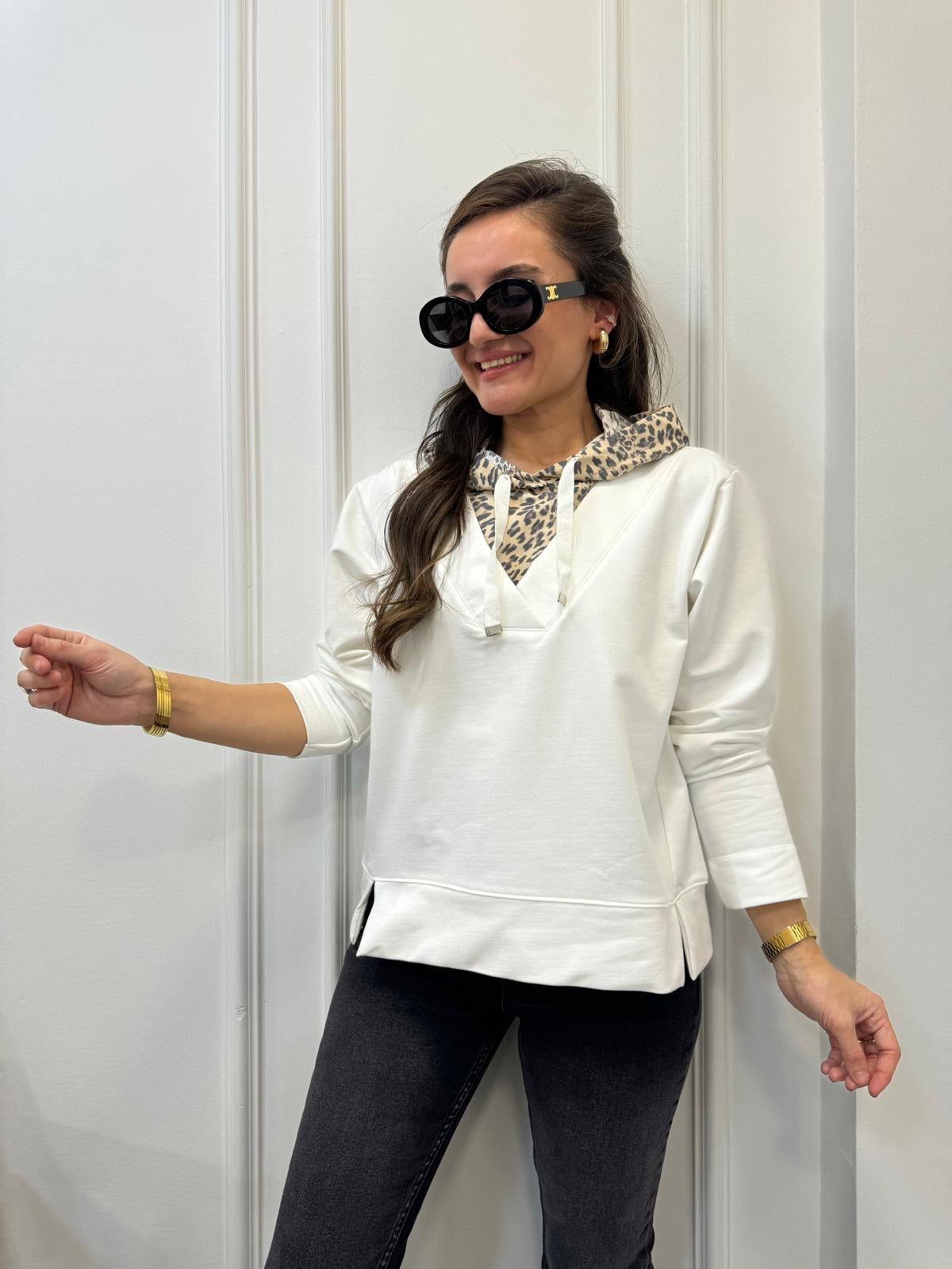 Ekru Leopar Kapüşon Detaylı Sweatshırt 28985