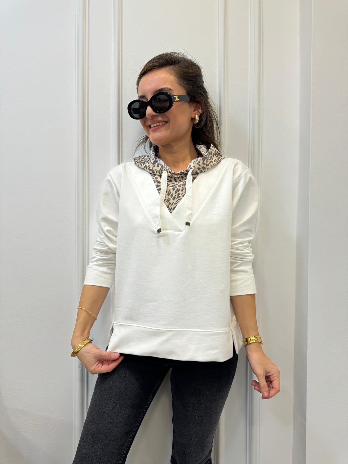 Ekru Leopar Kapüşon Detaylı Sweatshırt 28985