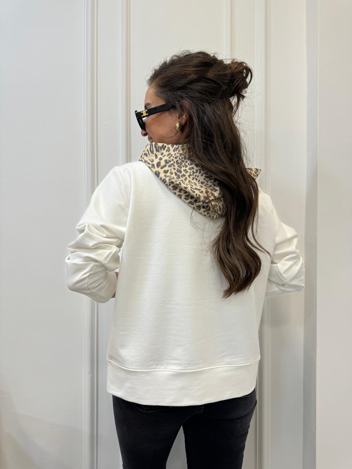 Ekru Leopar Kapüşon Detaylı Sweatshırt 28985