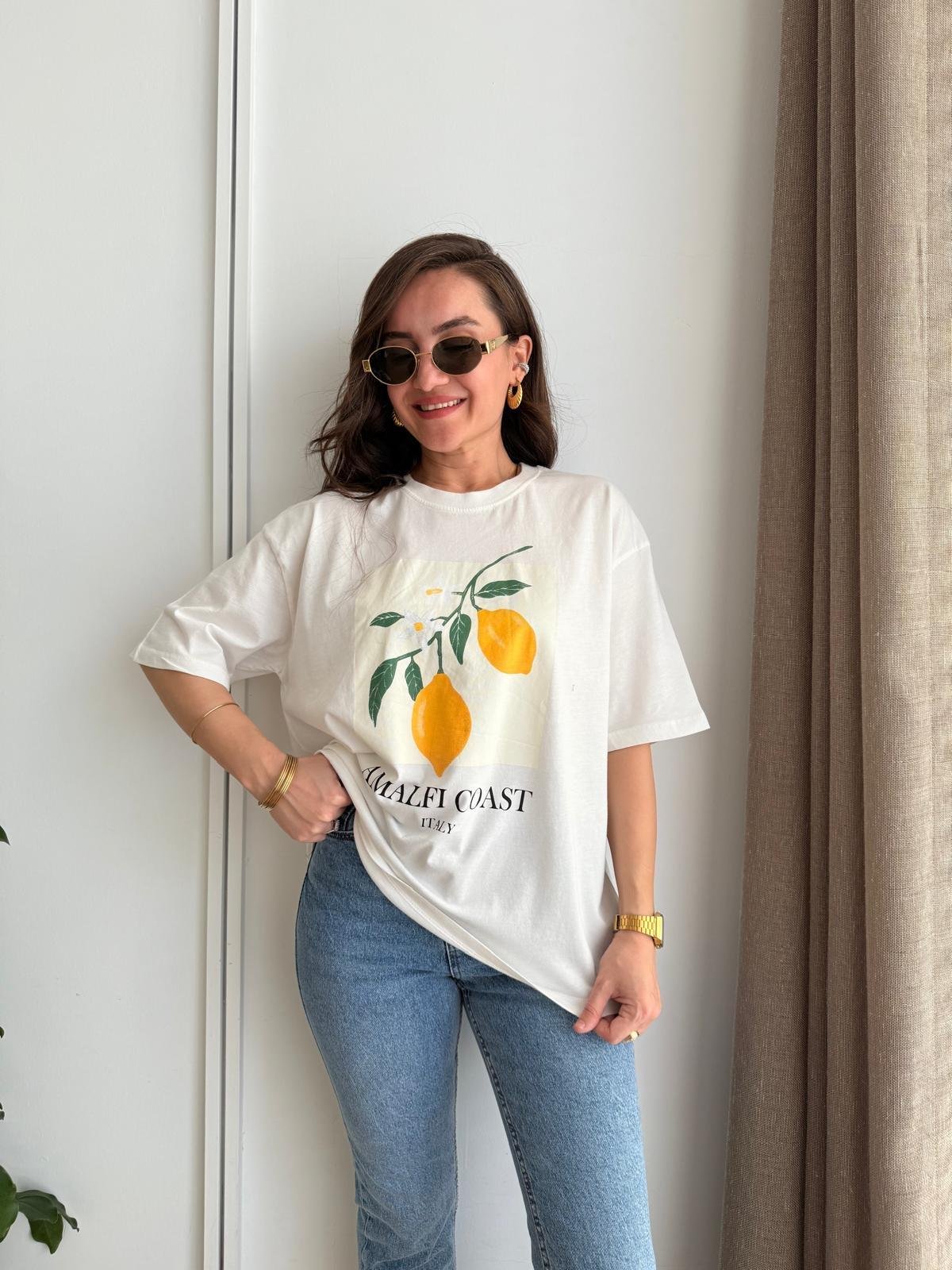 Ekru Limon Baskılı Oversize Tshirt 251047