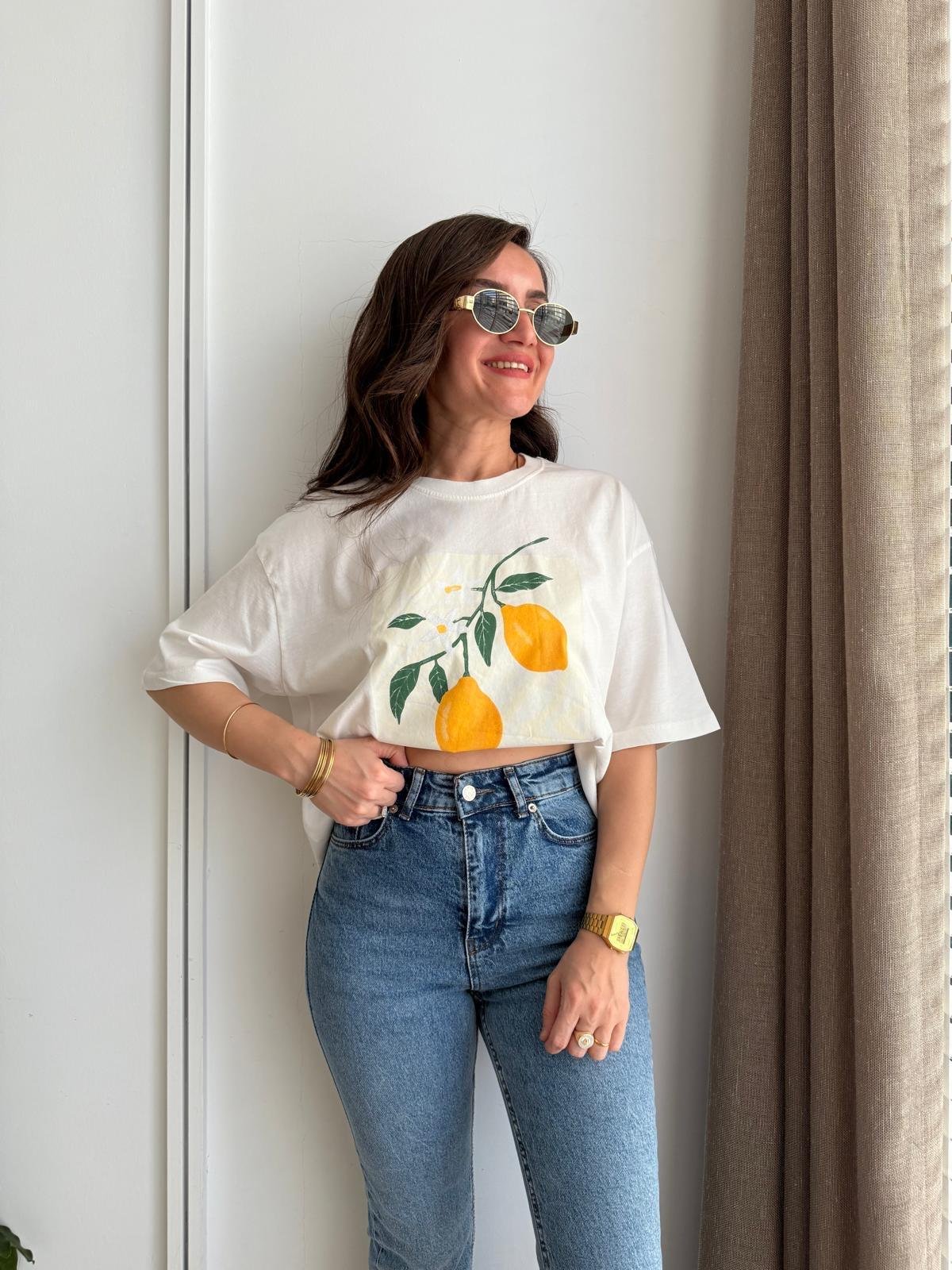 Ekru Limon Baskılı Oversize Tshirt 251047