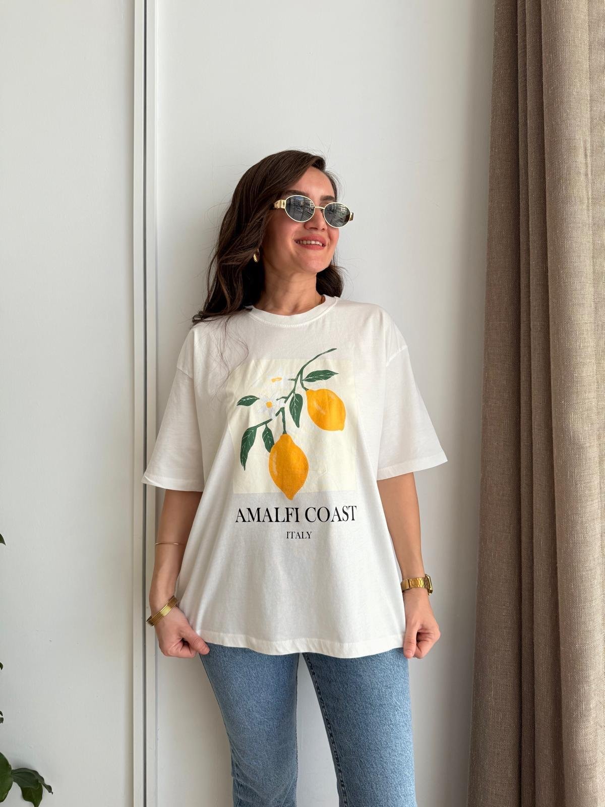 Ekru Limon Baskılı Oversize Tshirt 251047