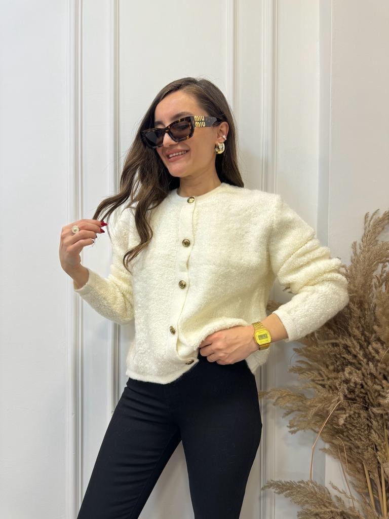 Ekru Massi Gold Düğmeli Teddy Hırka 3919