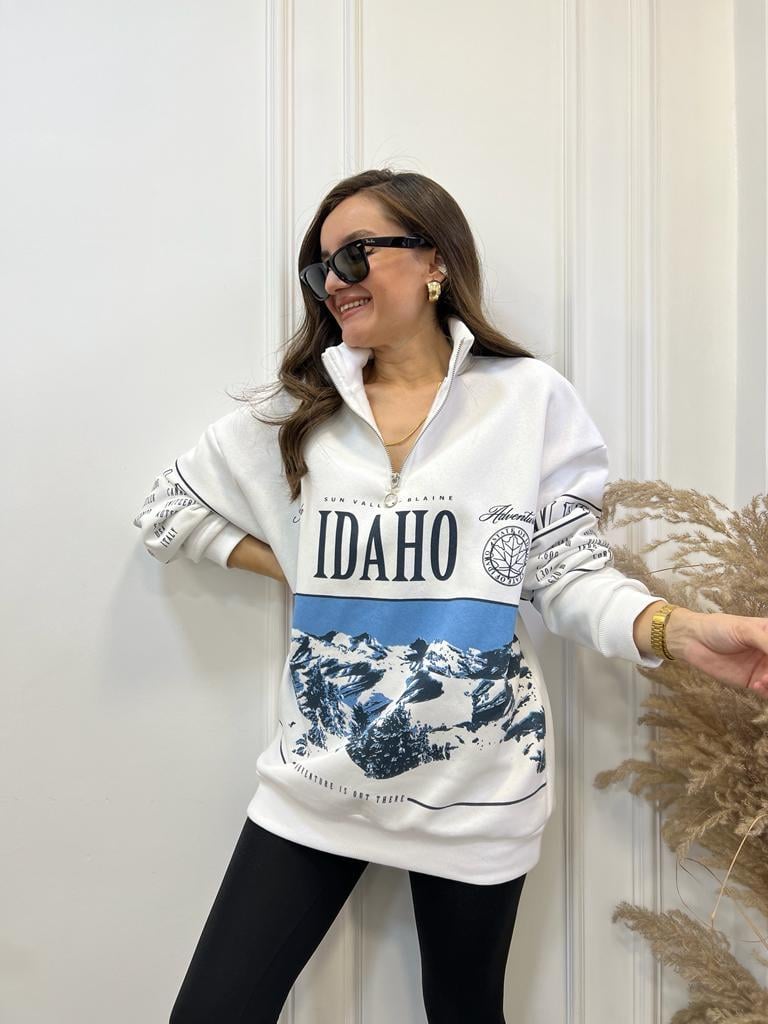 Ekru Mavi Baskılı Fermuar Detaylı Sweatshirt 5003