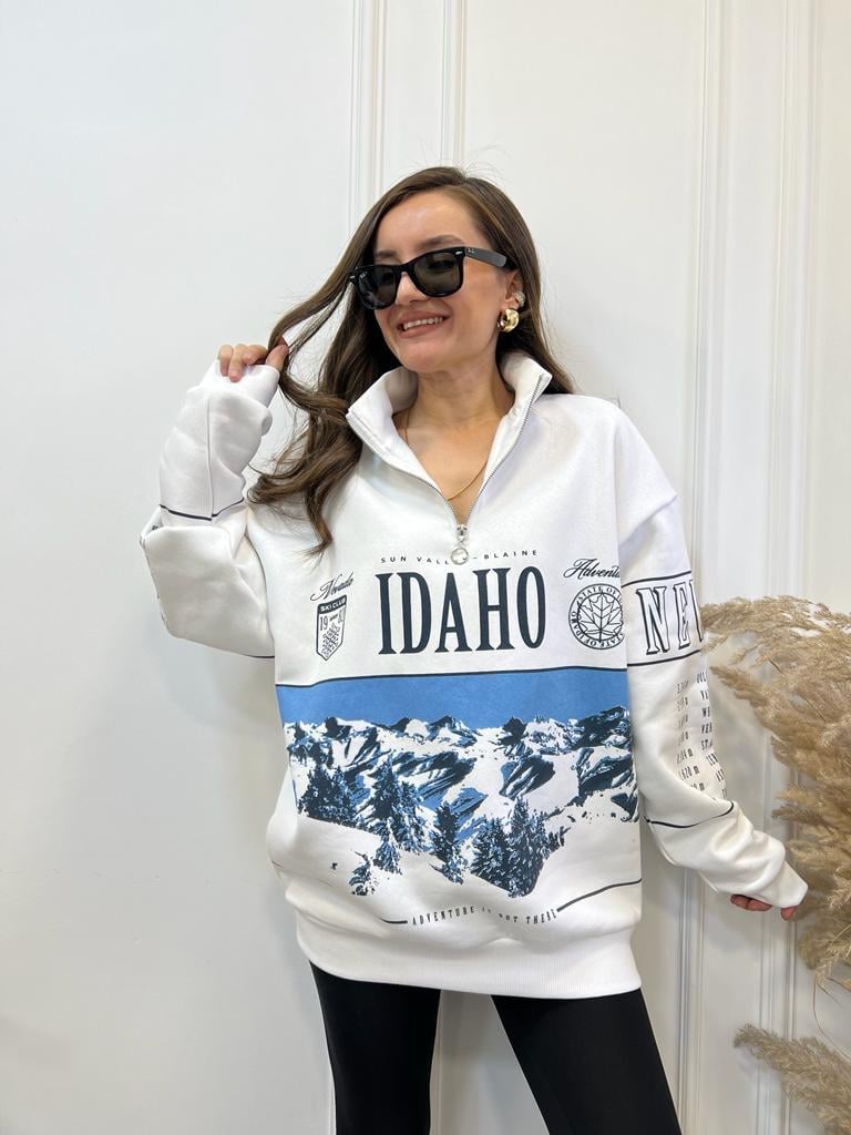Ekru Mavi Baskılı Fermuar Detaylı Sweatshirt 5003