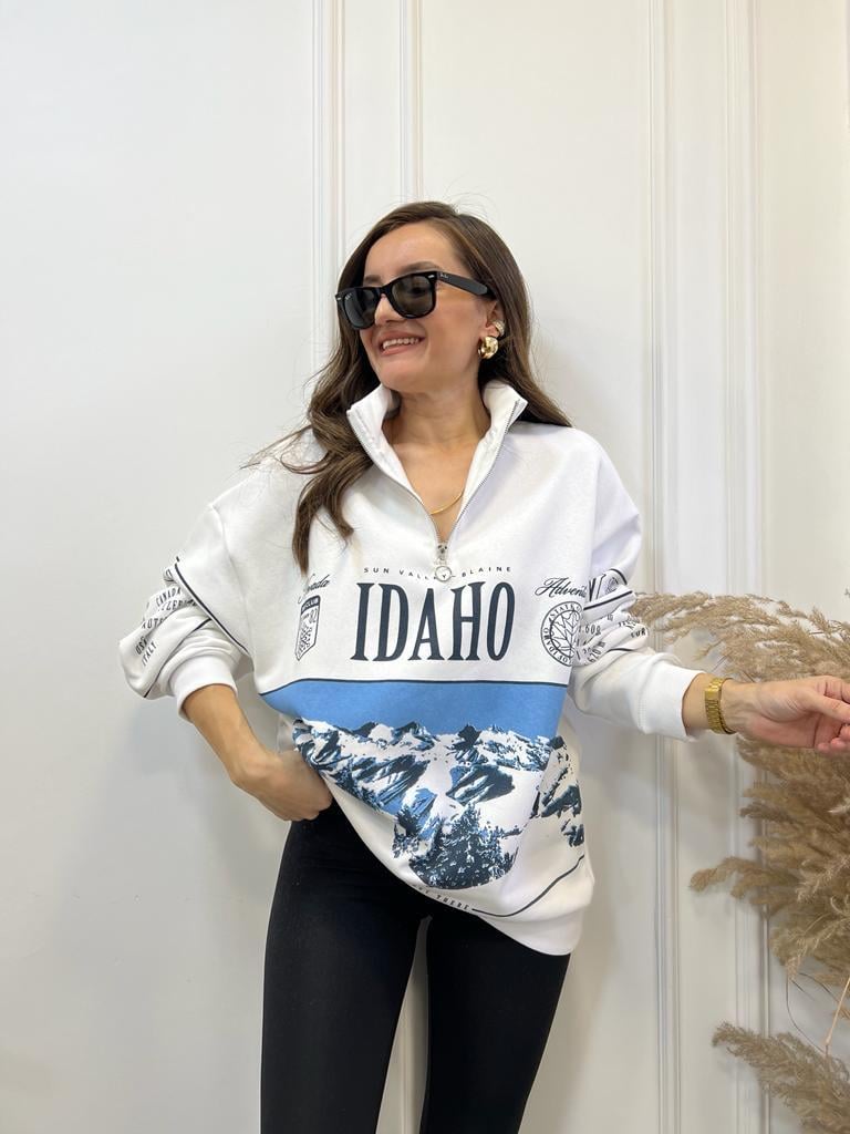 Ekru Mavi Baskılı Fermuar Detaylı Sweatshirt 5003