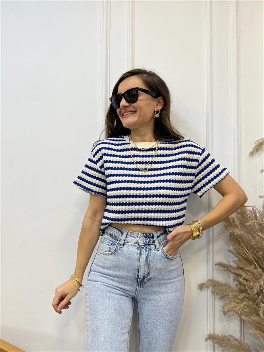 Ekru Mavi Çizgili Merserize Orijinal Marka Tshirt SB03