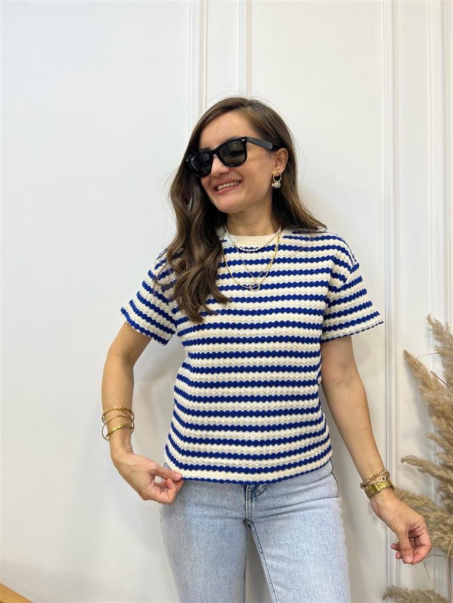 Ekru Mavi Çizgili Merserize Orijinal Marka Tshirt SB03