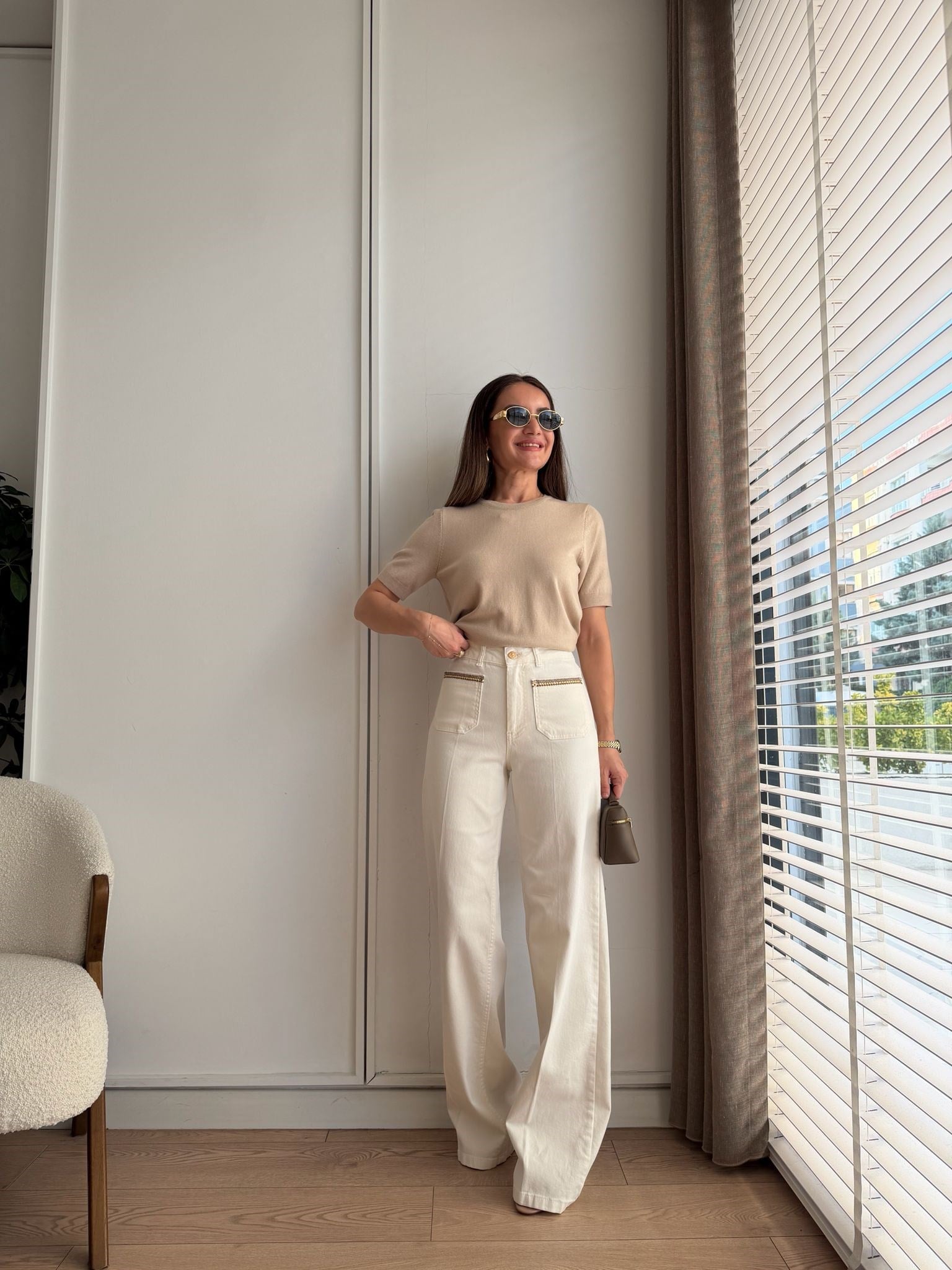 Ekru Metalik Cep Detaylı Wide Leg Jean D995