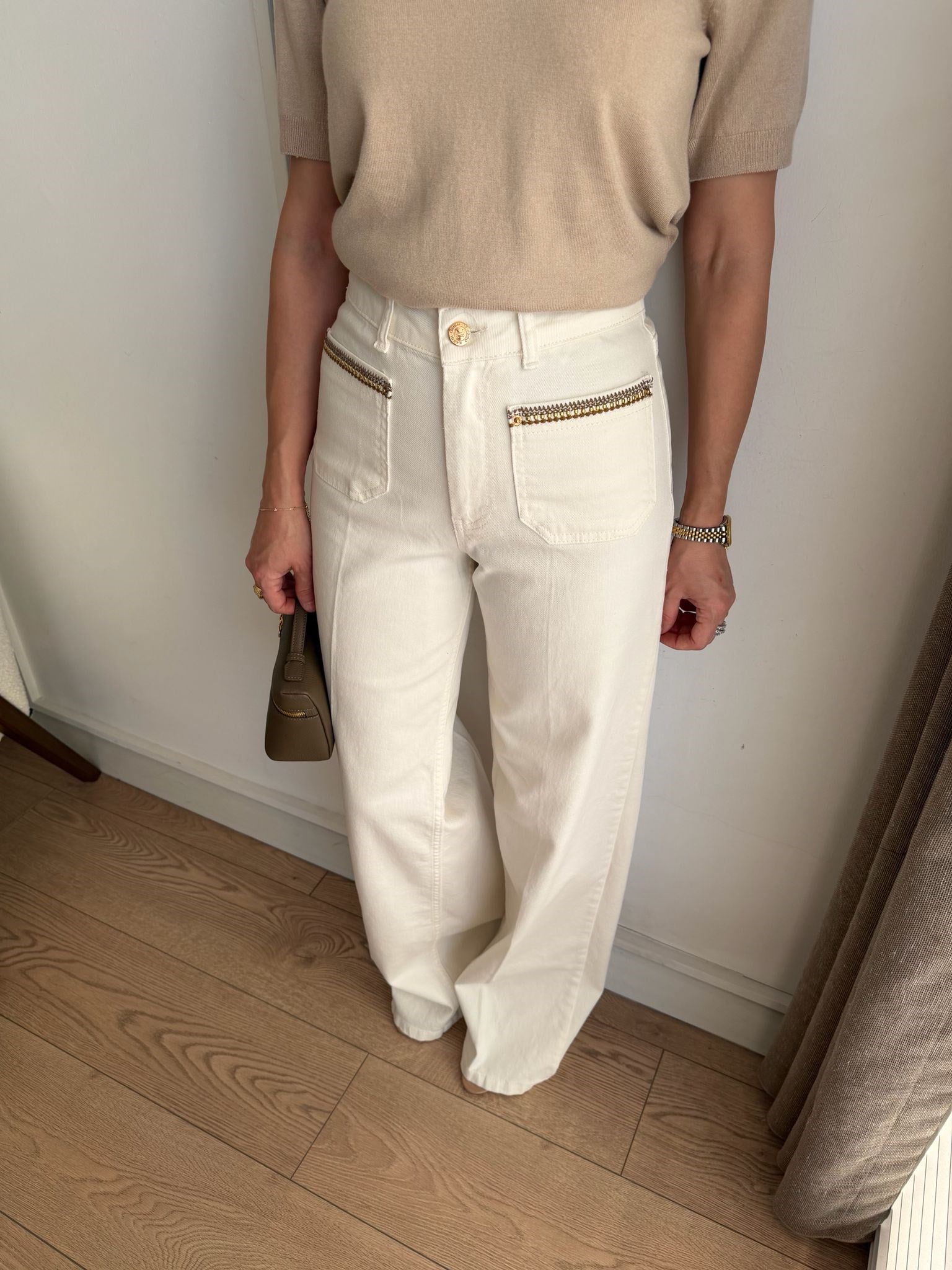 Ekru Metalik Cep Detaylı Wide Leg Jean D995