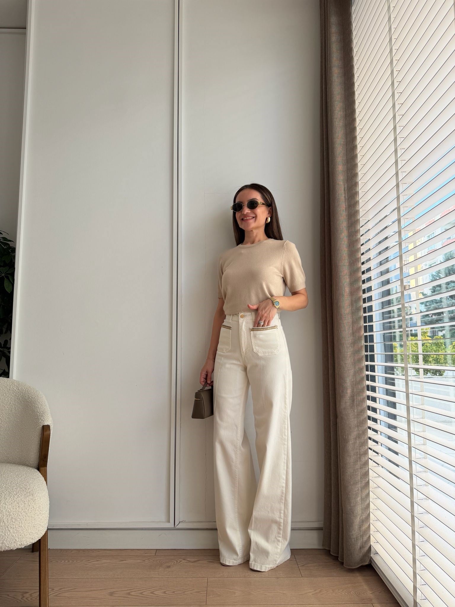 Ekru Metalik Cep Detaylı Wide Leg Jean D995