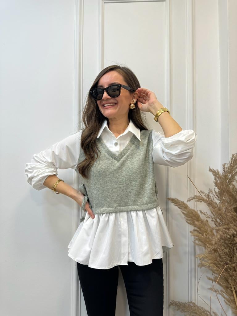 Ekru Mint Triko Detaylı Taş Düğmeli Gömlek 28307