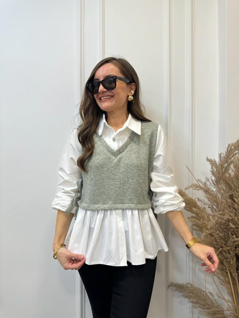 Ekru Mint Triko Detaylı Taş Düğmeli Gömlek 28307