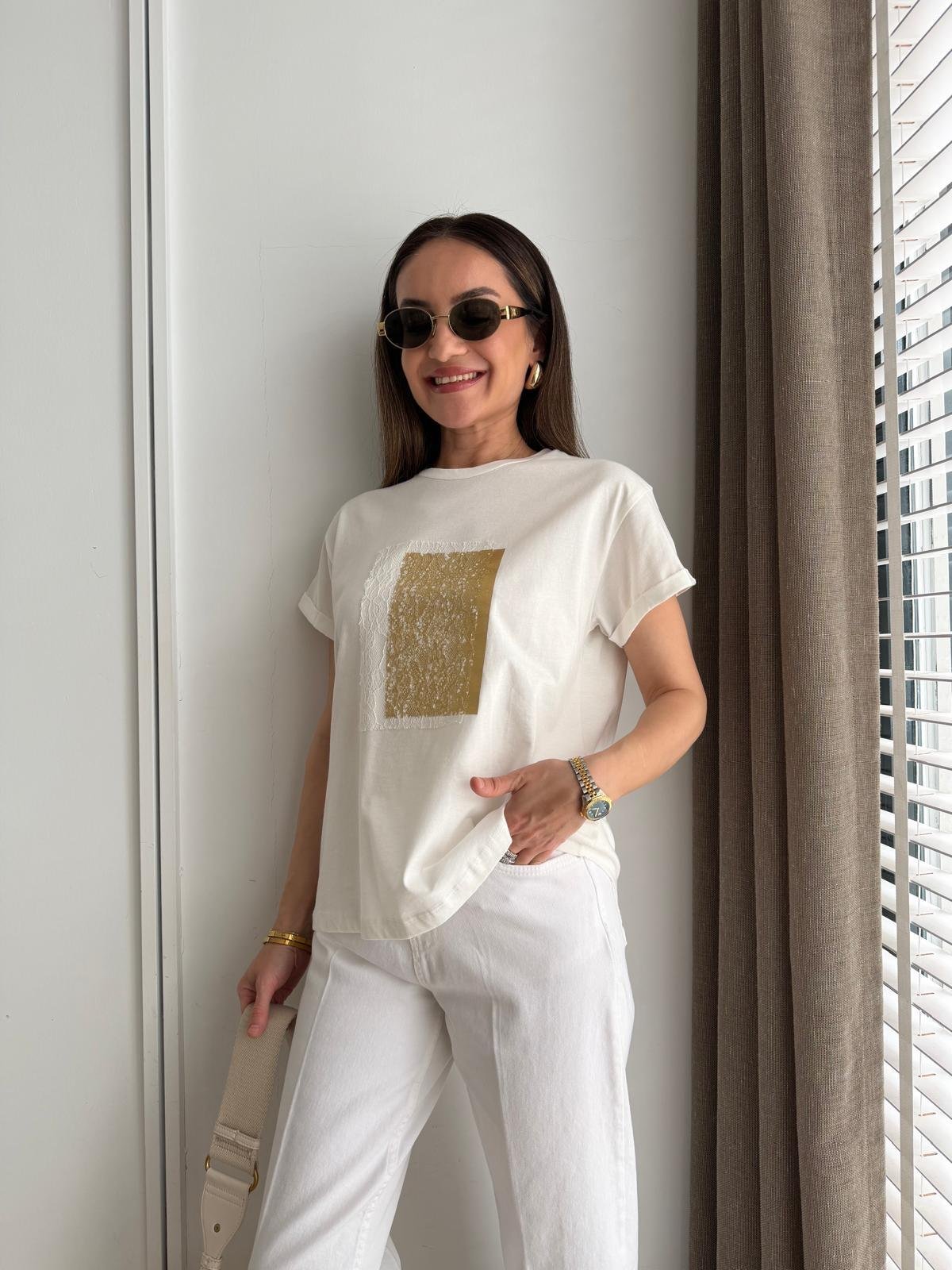 Ekru Mumlanmış Baskı Detaylı Tshirt 21229