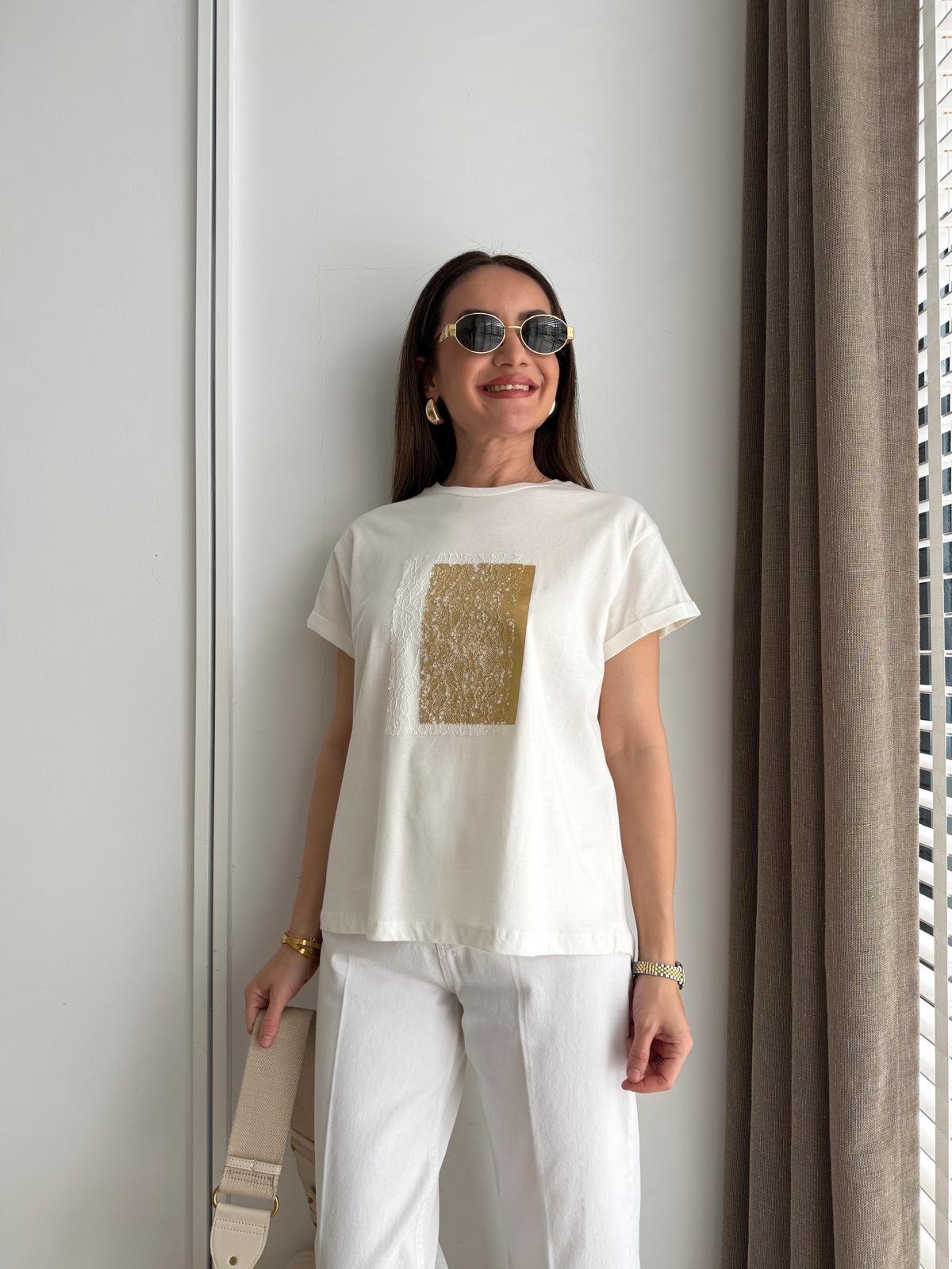 Ekru Mumlanmış Baskı Detaylı Tshirt 21229