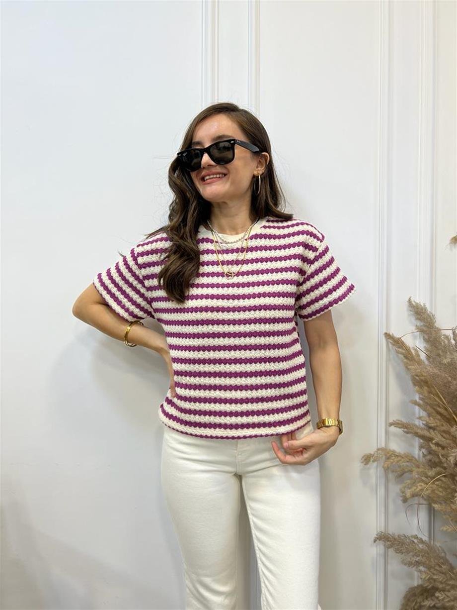 Ekru Mürdüm Çizgili Merserize Orijinal Marka Tshirt SB03