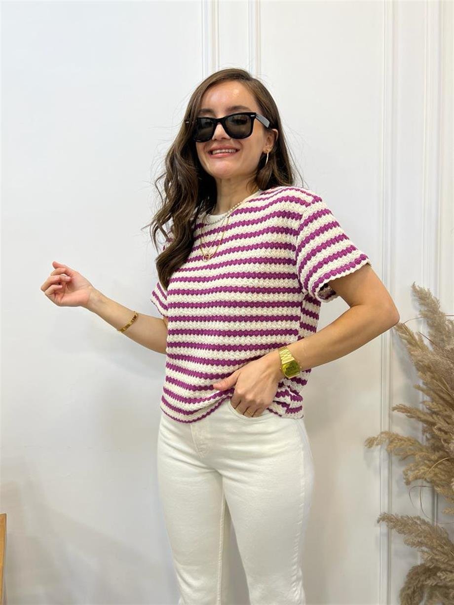Ekru Mürdüm Çizgili Merserize Orijinal Marka Tshirt SB03