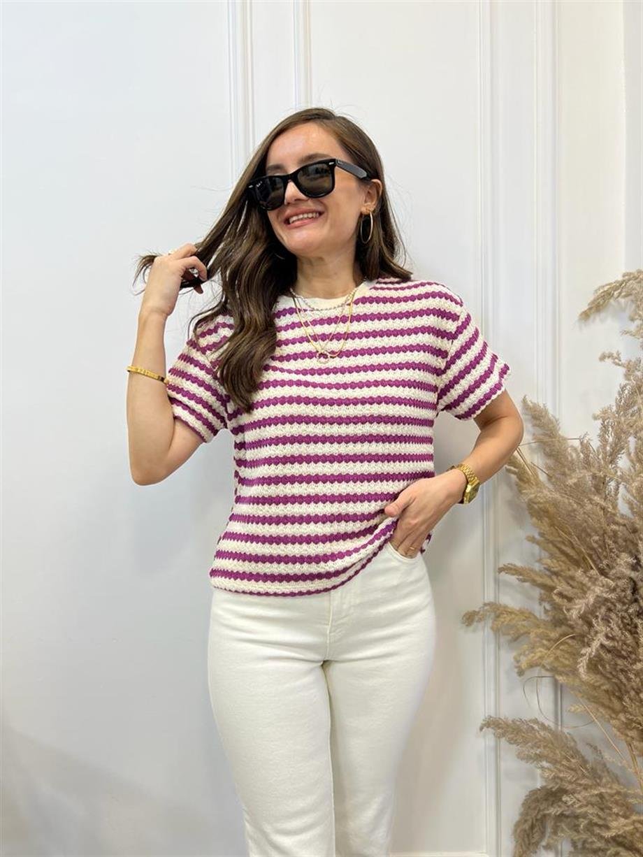 Ekru Mürdüm Çizgili Merserize Orijinal Marka Tshirt SB03